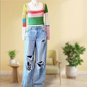 LA HEARTS LAYLA COLOR-BLOCK LONG SLEEVE SCOOP NECK CROP TOP SIZE EXTRA SMALL